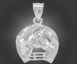 14k Solid White Gold Horseshoe with Horse Head Pendant Necklace - £210.17 GBP+