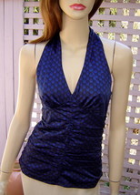 EXPRESS Sapphire Blue/Black Dotted Print Ruched Stretch Halter Top (0) NEW - $9.70