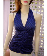 EXPRESS Sapphire Blue/Black Dotted Print Ruched Stretch Halter Top (0) NEW - £7.75 GBP