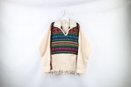 Vintage 60s Boho Chic Womens Large Fringed Striped Tapestry Tunic Shirt Rainbow - £62.34 GBP