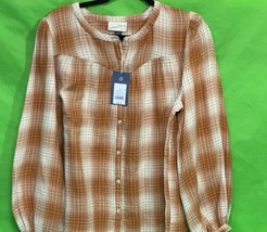 Women&#39;s Plaid Puff Long Sleeve Button-Front Blouse Universal Thread Brow... - £12.55 GBP