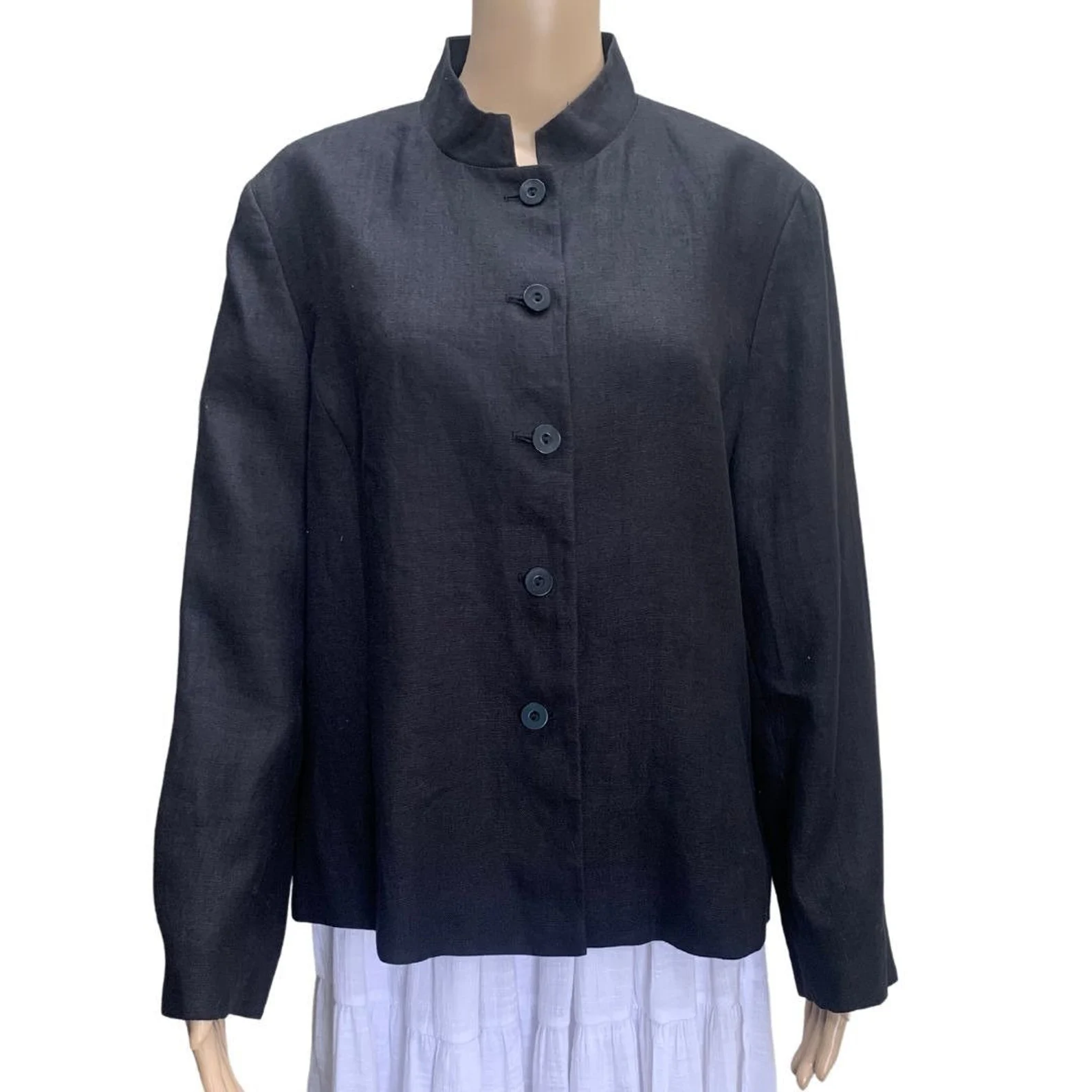 Talbots Sz 10 Irish Linen Black Mock Neck Button Down Blazer Shoulder Pads - $38.11