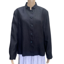 Talbots Sz 10 Irish Linen Black Mock Neck Button Down Blazer Shoulder Pads - $38.11