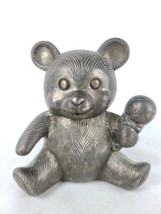 Vintage Metal Silver Cute Teddy Bear Holding Rattle Coin Bank Piggy Bank - £24.98 GBP