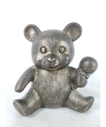 Vintage Metal Silver Cute Teddy Bear Holding Rattle Coin Bank Piggy Bank - $31.96