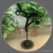 Gold Tone Filigree Green Glass Dangle Earrings • Handmade Fashion Jewelry - £4.60 GBP