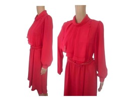 Vintage 70s Red Dress Sheer Long Sleeve M L Petite - £25.20 GBP