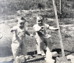 VTG 1950s Twin Boys Playing in New Chicken Pen B&amp;W Photograph 3.5x5.5 - $9.49