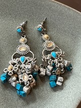 Faux Turquoise &amp; White Stone Nugget Silvertone Chandelier Dangle Post Earrings - £10.37 GBP