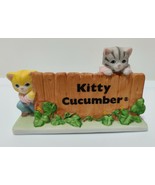 Cat Figurine Kitty Cucumber Vintage Wooden Fence Gray Tabby Ginger Yello... - £9.87 GBP
