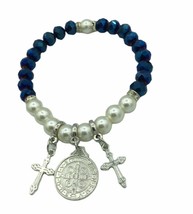 Saint St.Benedict Medal Bracelet 7mm Blue Glass Simulated Pearl Beads Cross - $13.86