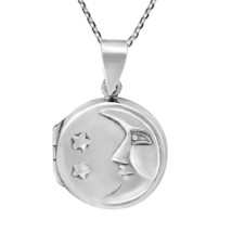 Stunning Night Sky Moon and Stars Round Sterling Silver Locket Necklace - $39.59