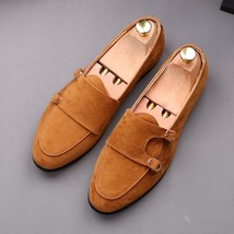 Handmade Brown Camel Double Buckle Suede Mens Loafers Flats Shoes 2019 - £113.76 GBP