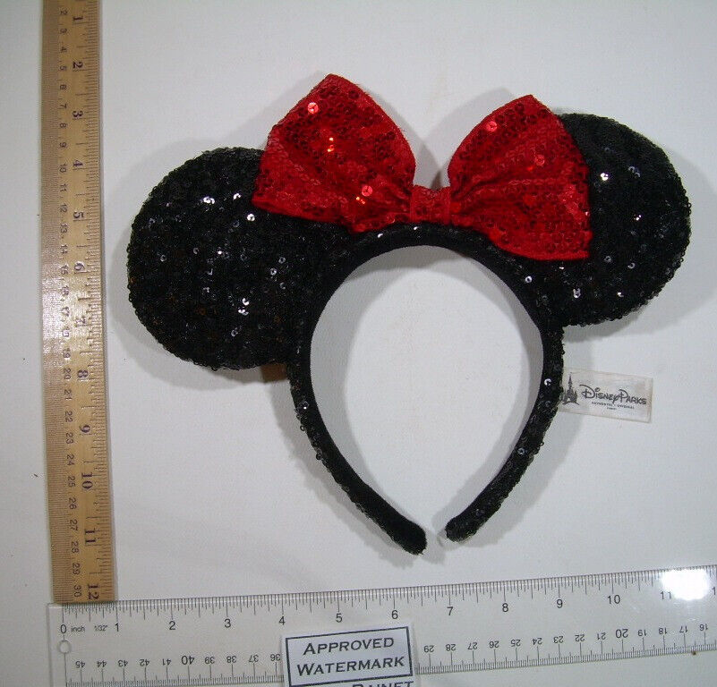 DISNEY PARKS Minnie Mouse Black Sequin Red Bow Ear Headband ~ Disneyland CA - £16.33 GBP