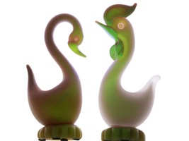 Italian Uranium glass Mid Century Murano Burmese Chicken and Swan figures - $391.05