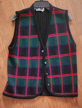 Vtg Tally Ho Women L Black Vest With Red &amp; Green Plaid Design - $26.90