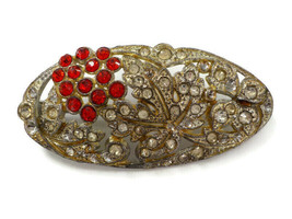 VINTAGE OVAL BROOCH RED &amp; CLEAR MULTI STONE ANTIQUE JEWELRY MISSING STON... - $14.99
