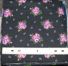 ROSE BLUE &amp; GREEN on BLACK Cotton Fabric 45&quot; wide x 3 3/4 yards long - £12.52 GBP
