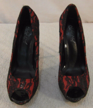Women&#39;s Highest Heels Collection Red Black Lace 5&quot; Slip On Open Toe Heels size 8 - £19.53 GBP