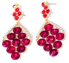 Chandelier Earrings Red on Gold Rhinestone Crystal Bridal Prom Pageant 3... - $36.78