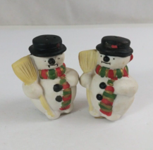 Vintage Cute Little Snowmen With Hat &amp; Broom 2.25&quot; Salt &amp; Pepper Shakers - $7.75