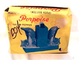 Vintage Mechanical Porpoise Dolphin Salt Pepper Shaker Blue Plastic Original Box - £23.58 GBP