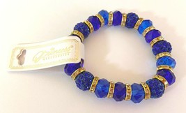 Bracelet: 3-7&quot; Double-stretch Elastic Duro Dipped Blue CRYSTALS/BEADS/RHINESTONE - £2.30 GBP