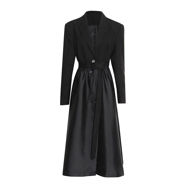 IEQJ Black Elegant Trench Coat Notched  Up Drawstring  Waist Windbreak  Autumn N - £149.61 GBP