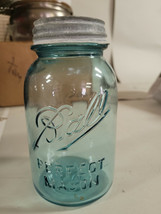 Vintage Ball Perfect Mason Small Mouth Blue Jar With Zinc Glass Lid No. 9 Quart - £7.85 GBP
