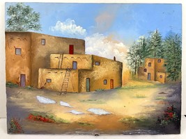 VTG Southwest Pueblo Landscape Canvas Painting 23.5&quot; x 17.5&quot; Signed  - £36.18 GBP