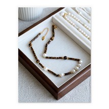 18K Gold Tiger Eye Pearl Beaded Necklace    stackable, gift for her, vinader - £39.27 GBP