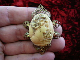 (cm43-22) LADY ROSE Pine Resin ivory + pink CAMEO jewelry Pin pendant necklace - £25.74 GBP