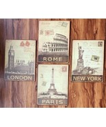 Four (4) Metal Pictures ~ NY Paris London Rome ~ Distressed Look ~ 10.25... - $51.15 CAD