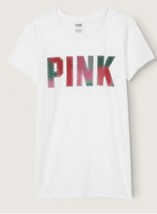 Victorias Secret PINK White Short Sleeve Rainbow Bling Rhinestone Logo T... - £21.76 GBP