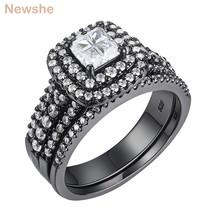 Sterling silver black wedding ring set for women halo white aaa zircon engagement rings thumb200