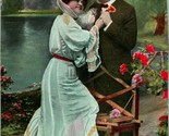 Vtg Postcard 1910s Romance Garden Flowers Big Hat Bench White Dress  - £10.47 GBP
