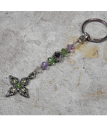Cross Crystal Beaded Handmade Keychain Split Key Ring Green Lavender Silver - $16.82