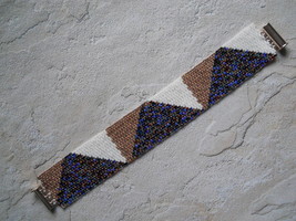 Bracelet: Gold, White, Blue/Gold Mix; Triangles, Peyote Stitch, Tube Clasp - £31.16 GBP