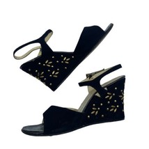D&#39;Antonio Black Velvet Wedges Vintage Heels Gold Studs Open Toe Size 8.5 N - $22.77