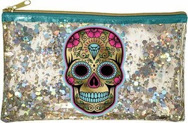 Sugar Skull 21119 Glitter Zipper Pouch Makeup Bag 10 x 6.5 Clear Vinyl - £15.62 GBP