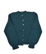 Vintage Hand Knit Wool Sweater Womens S Green Cat Buttons Cardigan Crewneck - $47.35