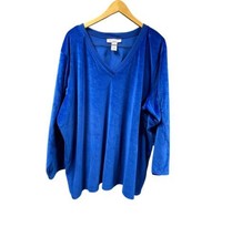 Roamans Velour Blouse Women 3X Blue Tunic V Neck Stretch Career Longewear VTG - £20.24 GBP