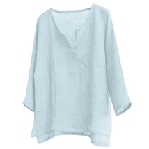 Vintage Cotton Linen Shirt Men  Casual Long Sleeve Oversize Tops Summer V Neck B - £43.12 GBP
