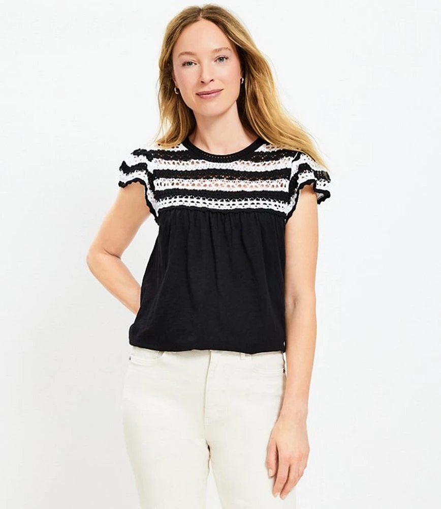 Loft Sz S Crochet Ruffle Crew Neck Sleeve Top Blouse Pullover Black White - $12.81