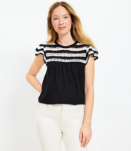 Loft Sz S Crochet Ruffle Crew Neck Sleeve Top Blouse Pullover Black White - $12.81