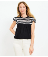 Loft Sz S Crochet Ruffle Crew Neck Sleeve Top Blouse Pullover Black White - $239.31 MXN
