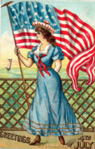 4th Of July Patriotic Postcard Lady American Flag Sailing Ship 1908 Vintage - £15.45 GBP