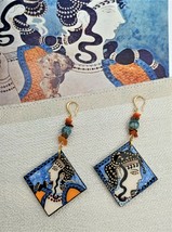 Dangle Wood Resin Face Earrings handmade painting inspired by Ancient Greek Art - £36.31 GBP