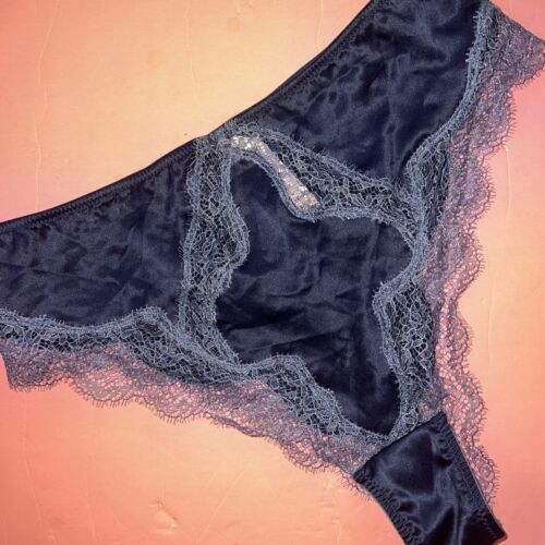 Victoria&#39;s Secret M shortie panty Brazilian Slip navy BLUE satin Lace DR... - $29.69