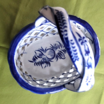 Blue &amp; White Ceramic Reticulated Floral Basket Twisted Handle Table Decor - £15.02 GBP